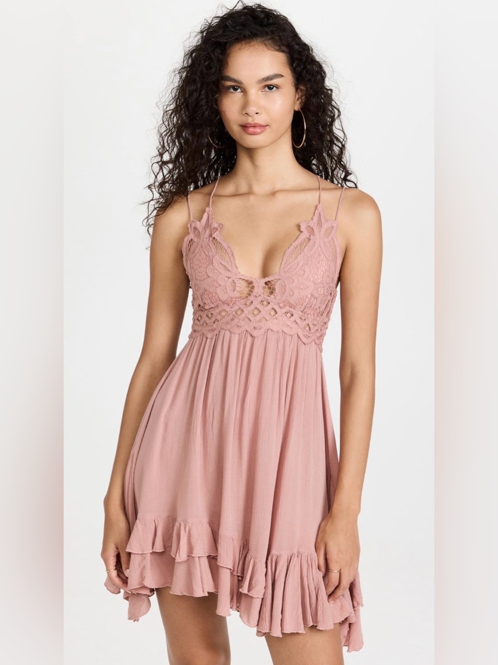 NWT Free People Fp One Adella Slip Mini Dress Rose Lace Ruffle Summer Smocked XS